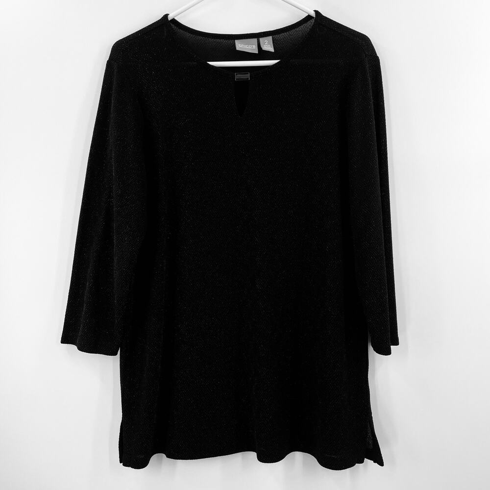 Chico's Women's Tunic Blouse, Black Shimmer, Pullover, Sz.‎ 2 (Med.)